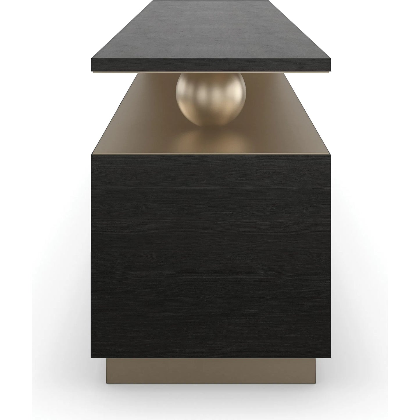 003 SI-2193849 | Closeup | Harmony Console Table by Caracole in lucent bronze metallic, modern walnut. Made from poplar, walnut in a unique style.