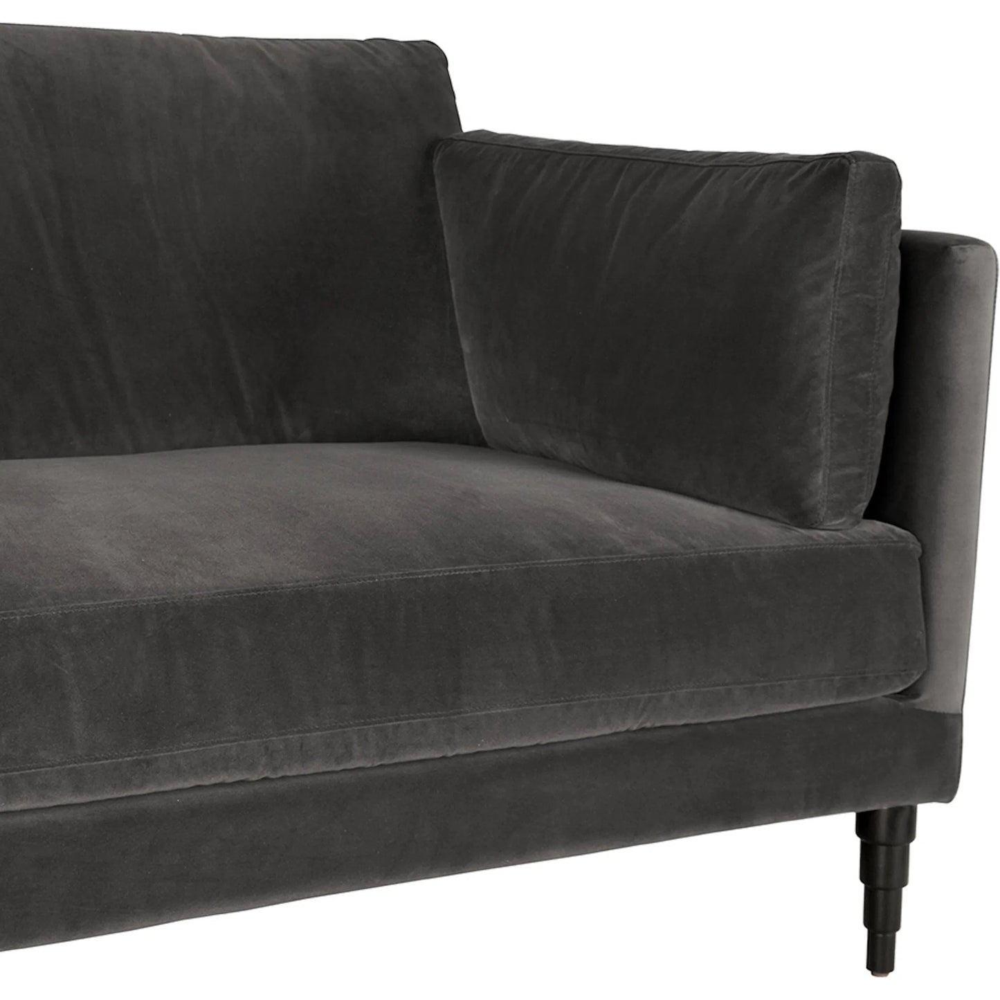 005 SI-2524146 | Closeup | Andalusia Velvet Sofa by Noir in grey velvet, black legs. Made from velvet, wood legs in a traditional style.