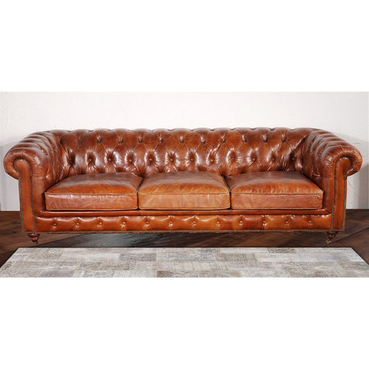 Genuine Chester Bay Sofa by Pasargad Home in brown. Made from leather in a rustic style.