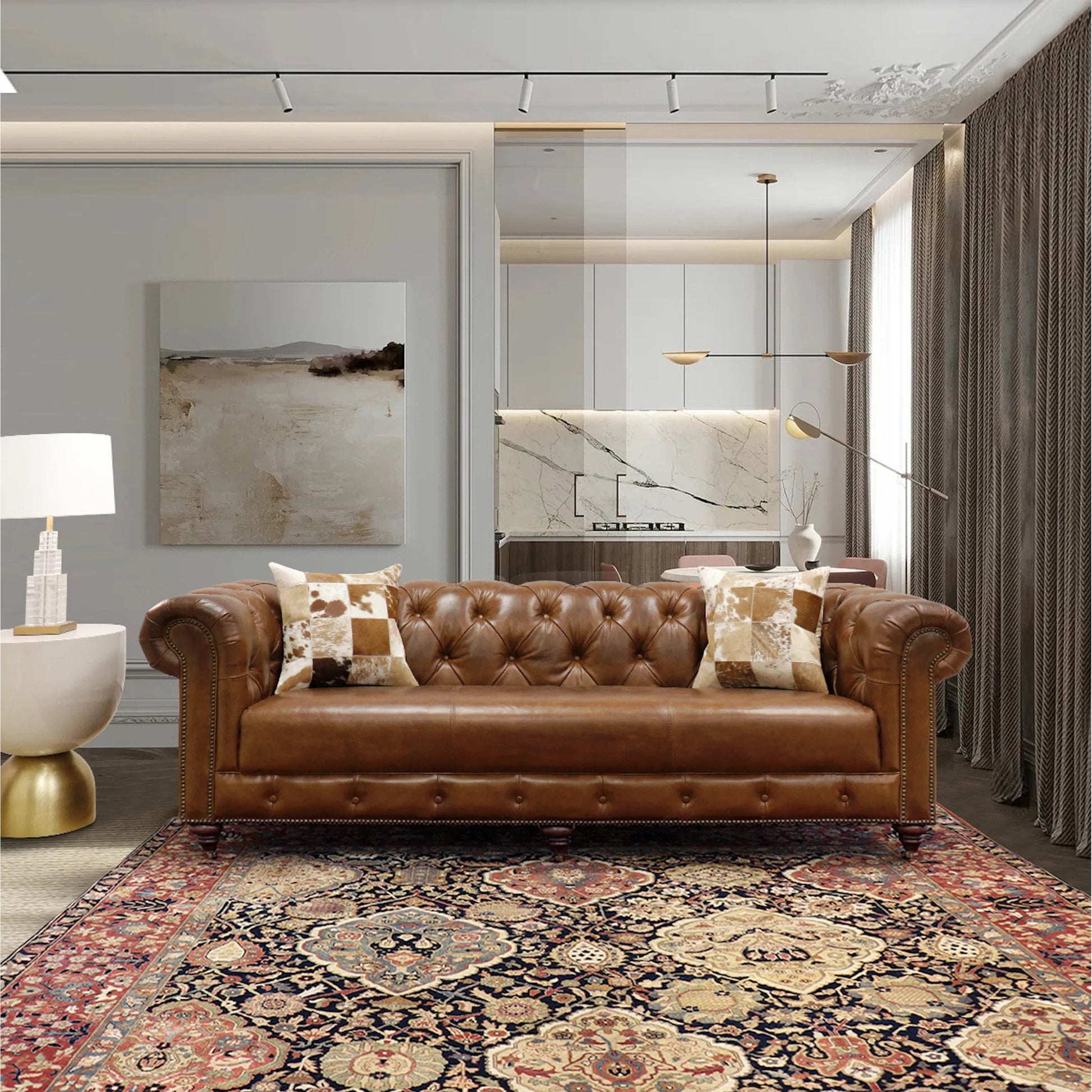 Paris Club Chesterfield Sofa by Pasargad Home in brown. Made from top grain vintage cigar finish leather in a transitional style.