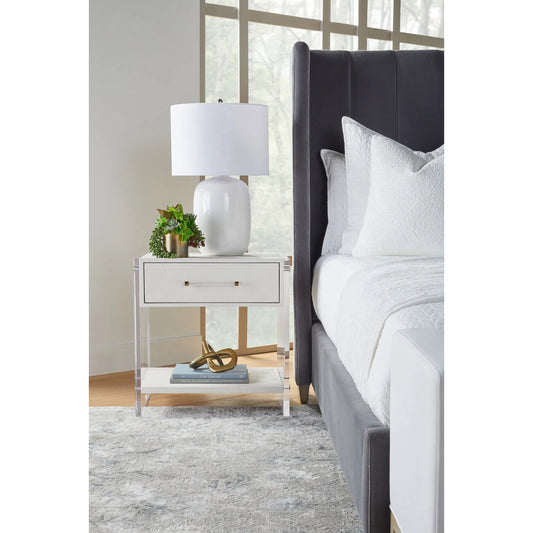 Sonia Shagreen Nightstand by Essentials For Living in pearl shagreen, lucite, brushed brass. Made from faux shagreen resin, solid rubberwood, solid beech, mdf, acrylic, metal in a modern style.