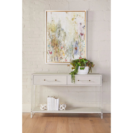 Sonia Shagreen Console Table by Essentials For Living in pearl shagreen, lucite, brushed brass. Made from faux shagreen resin, solid rubberwood, solid beech, mdf, acrylic, metal in a modern style.