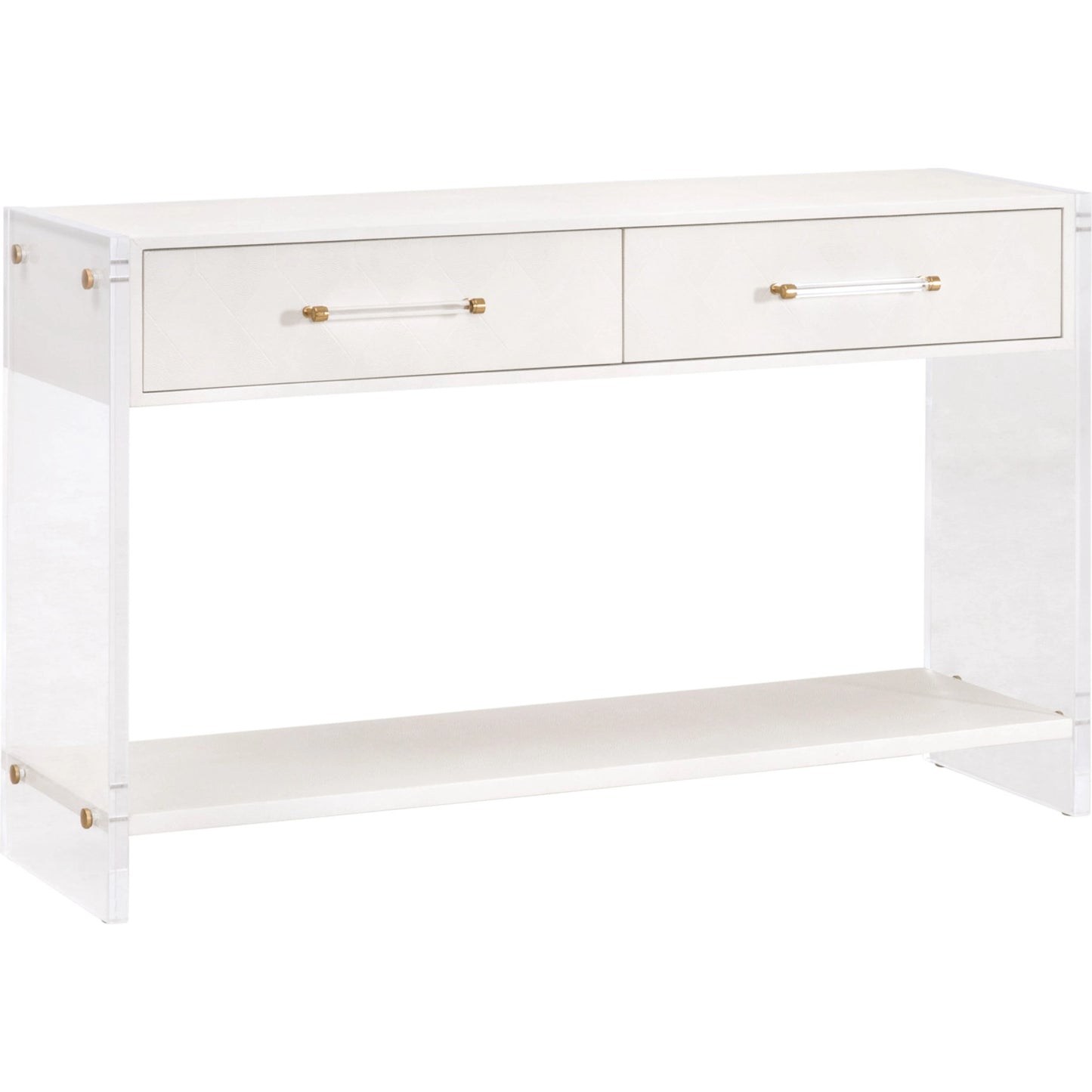 001 SI-2072293 | Additional Silo | Sonia Shagreen Console Table by Essentials For Living in pearl shagreen, lucite, brushed brass. Made from faux shagreen resin, solid rubberwood, solid beech, mdf, acrylic, metal in a modern style.