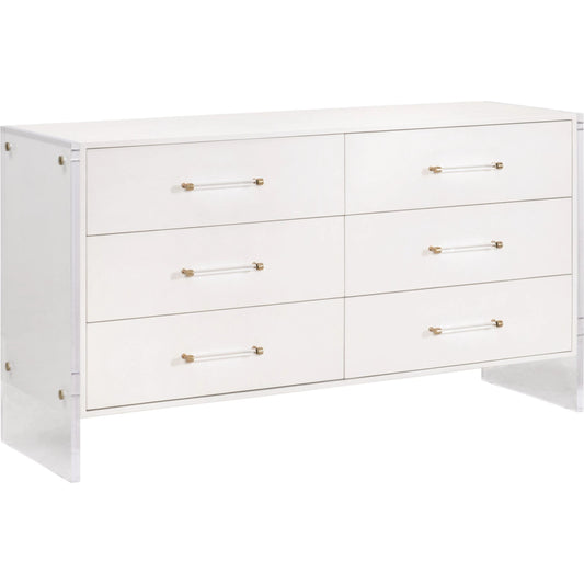 Sonia Shagreen Double Dresser by Essentials For Living in pearl shagreen, lucite, brushed brass. Made from faux shagreen resin, solid rubberwood, solid beech, mdf, acrylic, metal in a modern style.