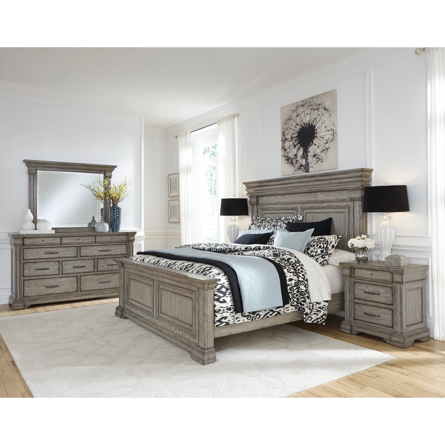 007 SI-2155601,SI-2155602 | Lifestyle | Madison Ridge Bed by Pulaski Furniture in bluff grey. Made from asian hardwood, oak veneers in a traditional style.