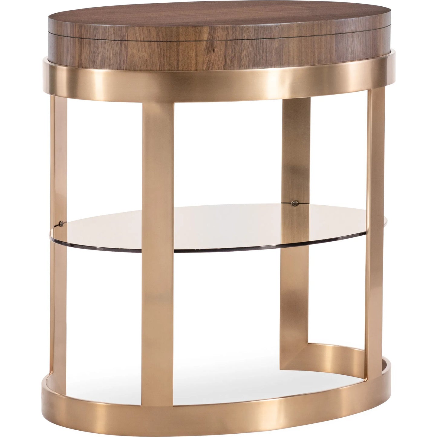003 SI-2458587 | Additional Silo | Eleana Oval Nightstand by Hooker Furniture in light caramel, quartered walnut veneers, sunlit bronze metal. Made from walnut veneers, metal, glass in a modern style.