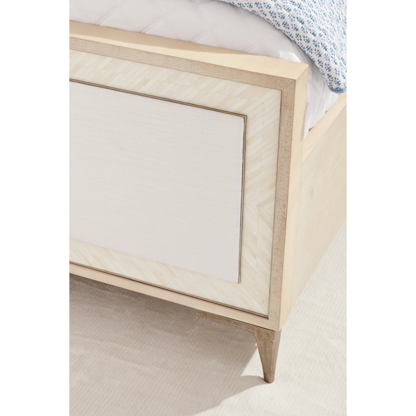 003 SI-2186241 | Closeup | Water Tideline Bone & Linen King Upholstered Bed by Jonathan Charles in dyed koto. Made from dyed koto veneer, faux bone, metal, foam, fabric in a modern style.