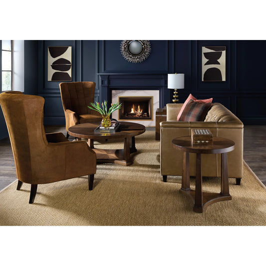 Archives Round End Table by Hooker Furniture in dark wood and classic walnut. Made from figured quartered walnut veneer in a transitional style.