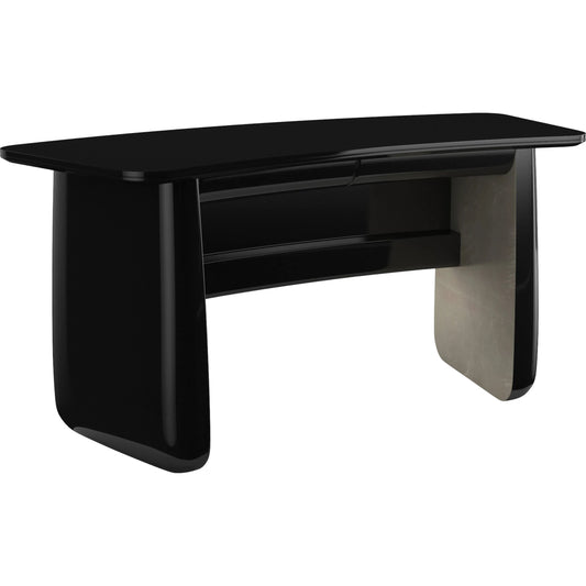 Cabochon Desk by Caracole in piano black, charcoal leaf. Made from asian hardwood, glass in a modern style.