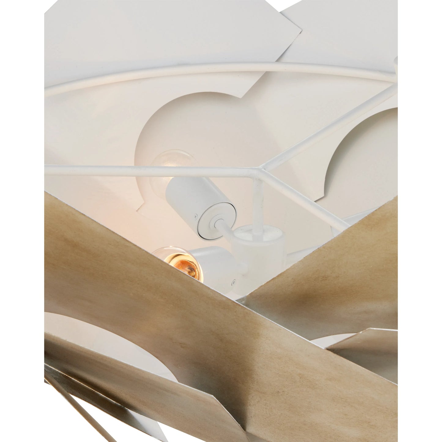 005 SR-767722 | Closeup | Artiste Chandelier by Currey and Company in silver leaf. Made from wrought iron, opaque acrylic in a modern style.