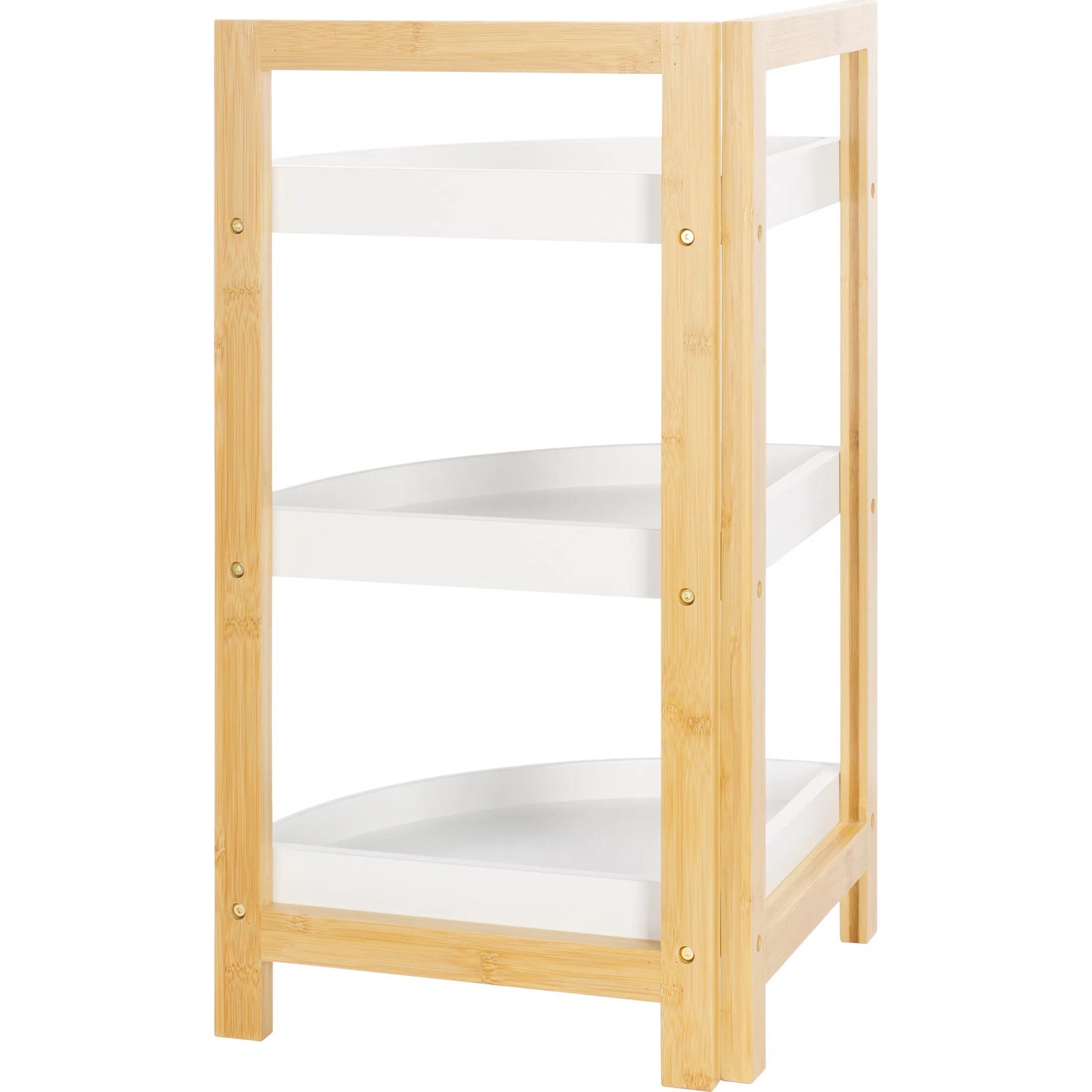 005 SI-2193147 | Closeup | Adler 3 Tier Corner Shelf by Safavieh in white, natural bamboo. Made from unique in a unique style.