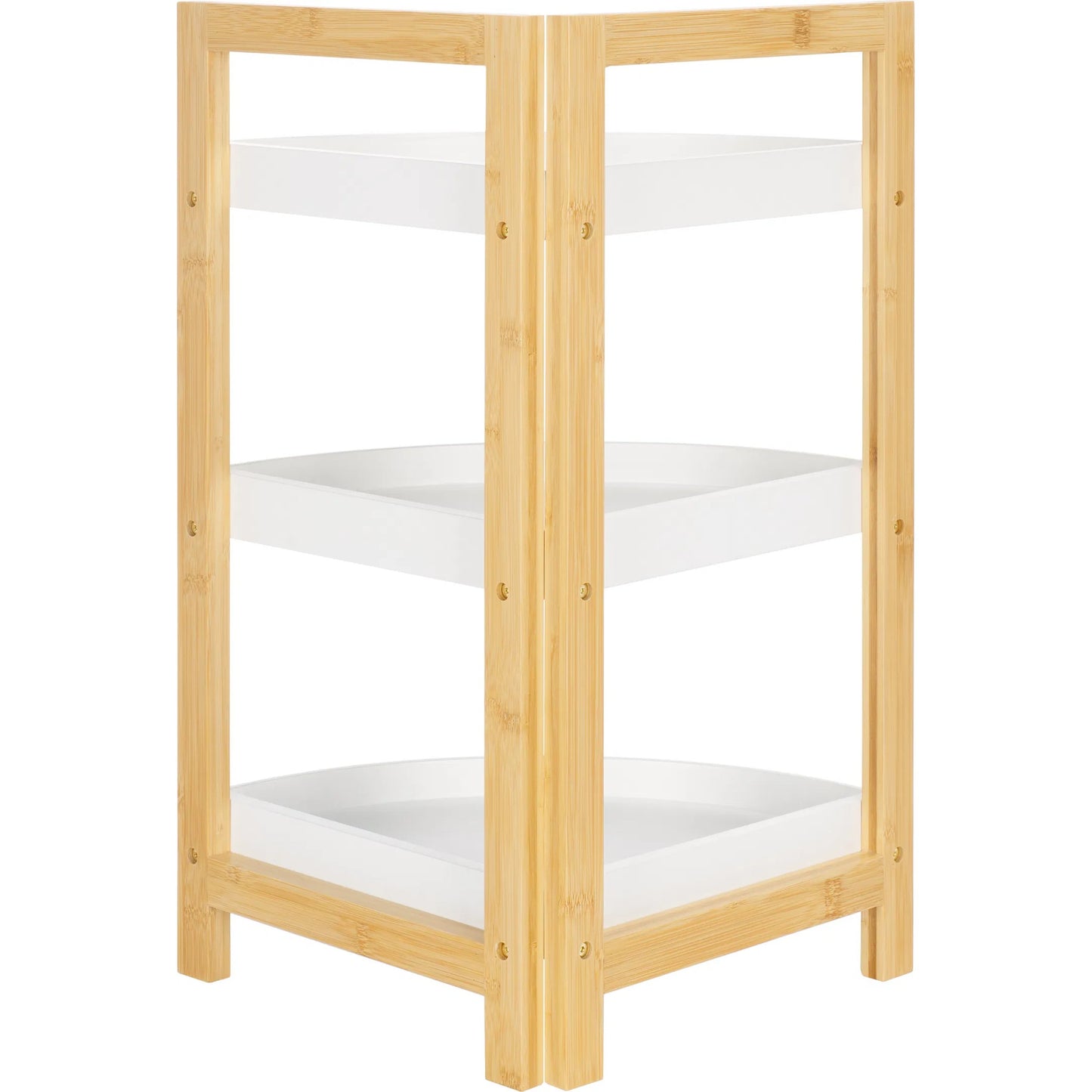 004 SI-2193147 | Closeup | Adler 3 Tier Corner Shelf by Safavieh in white, natural bamboo. Made from unique in a unique style.