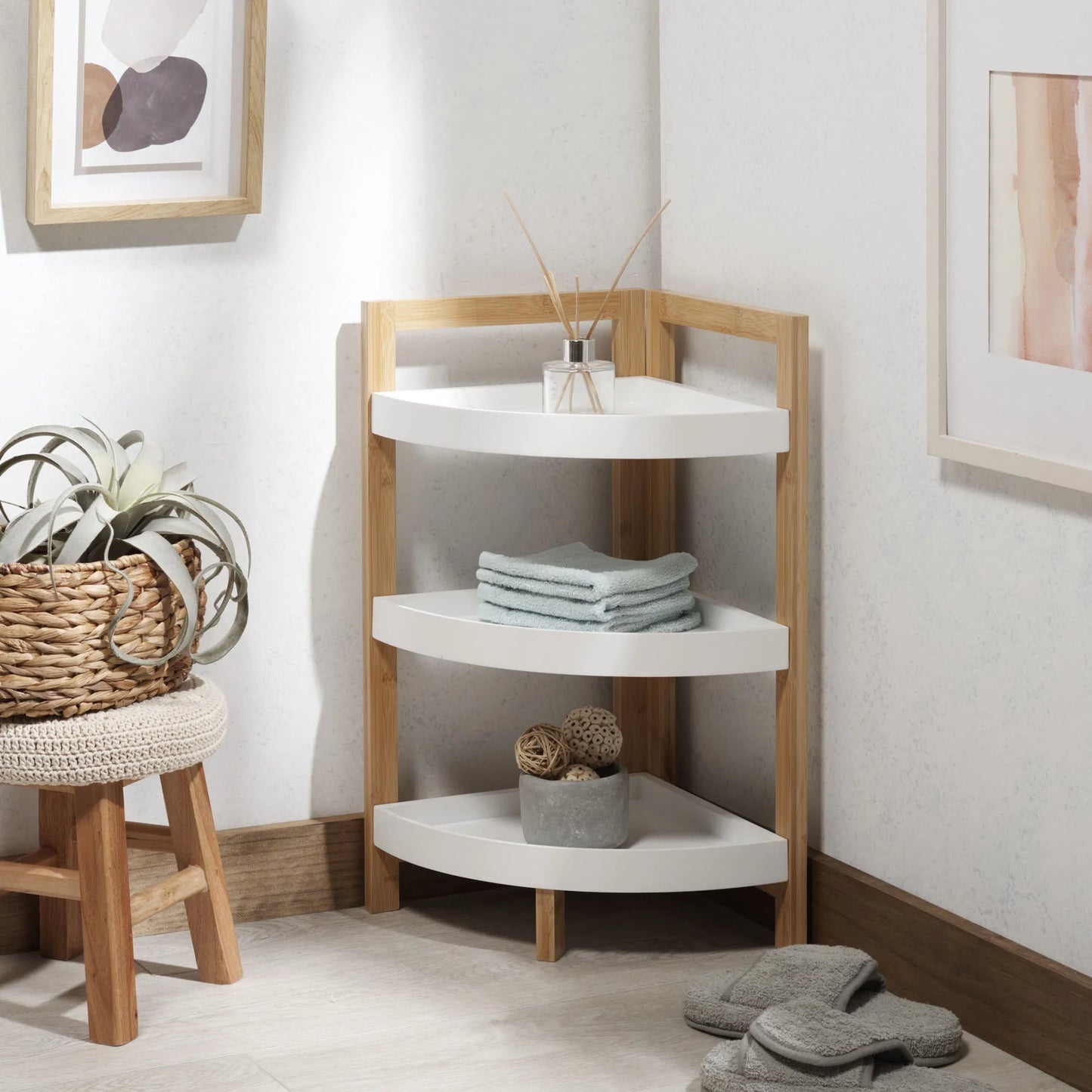 011 SI-2193147 | Lifestyle | Adler 3 Tier Corner Shelf by Safavieh in white, natural bamboo. Made from unique in a unique style.