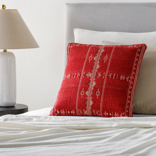 Stine Pillow - 27219 by Livabliss in bright red, cream, dark green, garnet. Made from 95% wool, 5% cotton, 100% cotton in a eclectic & global style.