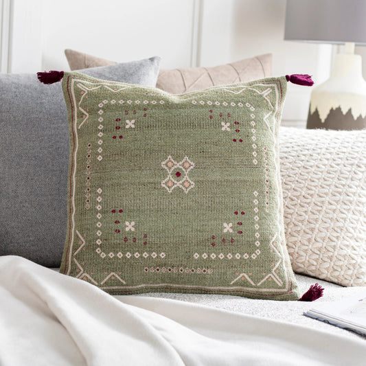 Stine Pillow - 31819 by Livabliss in dusty sage, olive. Made from 88% wool, 12% polyester, 100% cotton in a eclectic & global style.