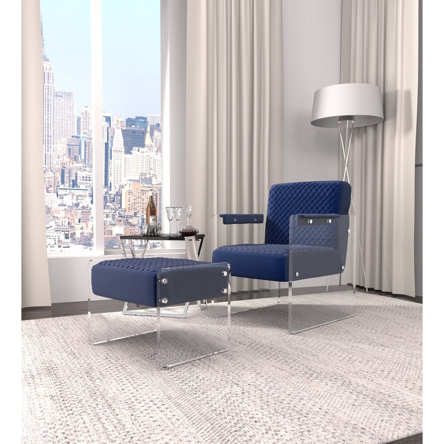 007 SR-702445 | Lifestyle | Tribecca Stool by Pasargad Home in clear and navy. Made from acrylic, velvet in a modern style.