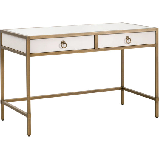 Strand Shagreen Desk by Essentials For Living in pearl shagreen, brushed gold. Made from faux shagreen resin, plywood, mdf, tempered glass, steel in a modern style.