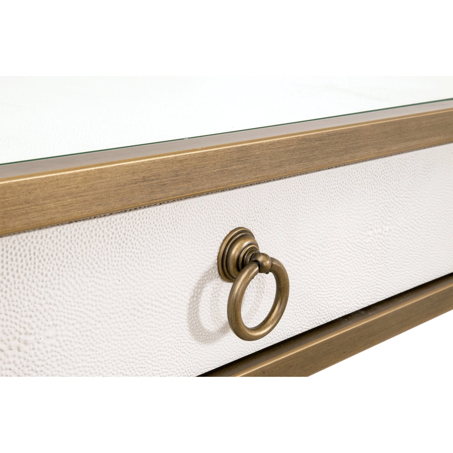 004 SI-2138261 | Closeup | Strand Shagreen Desk by Essentials For Living in pearl shagreen, brushed gold. Made from faux shagreen resin, plywood, mdf, tempered glass, steel in a modern style.