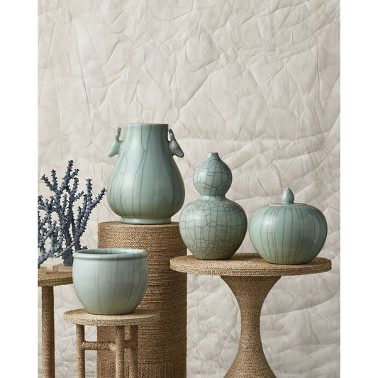 Maiping Double Gourd Vase by Currey and Company in celadon crackle. Made from porcelain in a coastal style.