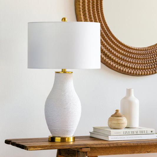 Steve - 32544 by Surya in yellow, white, gold, translucent, metallic brass and platedtexturedplated. Made from shade (outside): linen, shade (inside): polyester, body: cotton, body: resin, base: metal, finial: metal, harp: iron