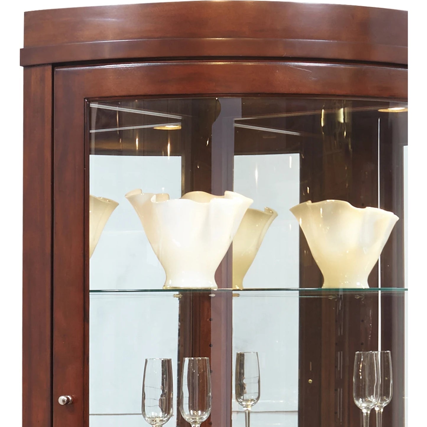 002 SI-2155498 | Closeup | Chocolate Cherry Corner Curio by Pulaski Furniture in chocolate cherry. Made from select hardwood solids, veneers in a traditional style.