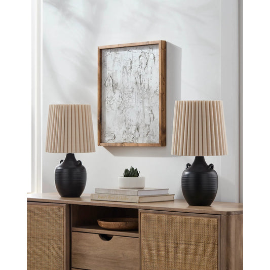 Sunken Black Accent Table Lamp (Set of 2) by Livabliss in body: black; shade: wheat; cord: translucent and blackened. Made from ceramic, linen, polyester in a modern style.