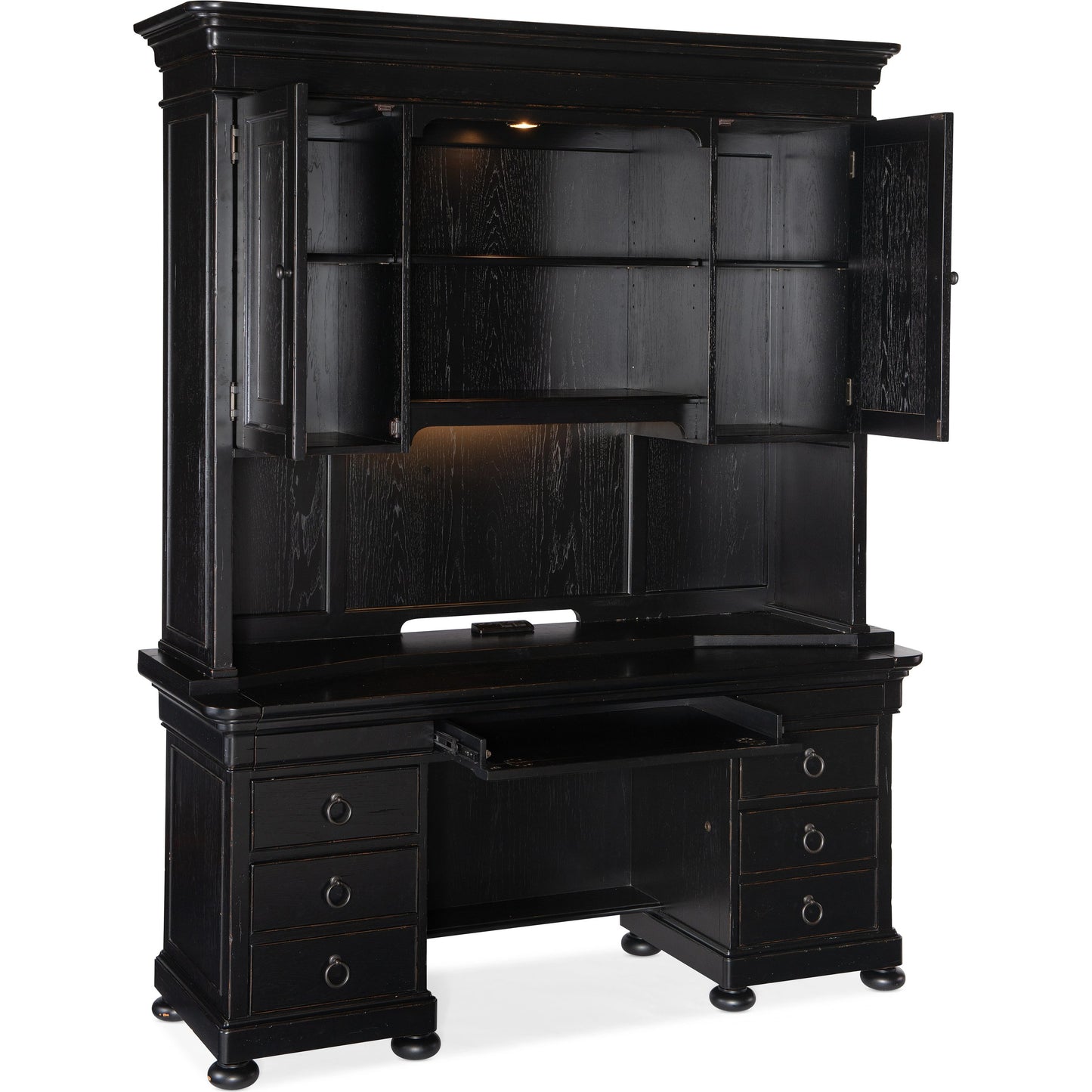 004 SI-1748465 | Additional Silo | Bristowe Computer Credenza by Hooker Furniture in tuxedo black. Made from pecan veneers in a unique style.