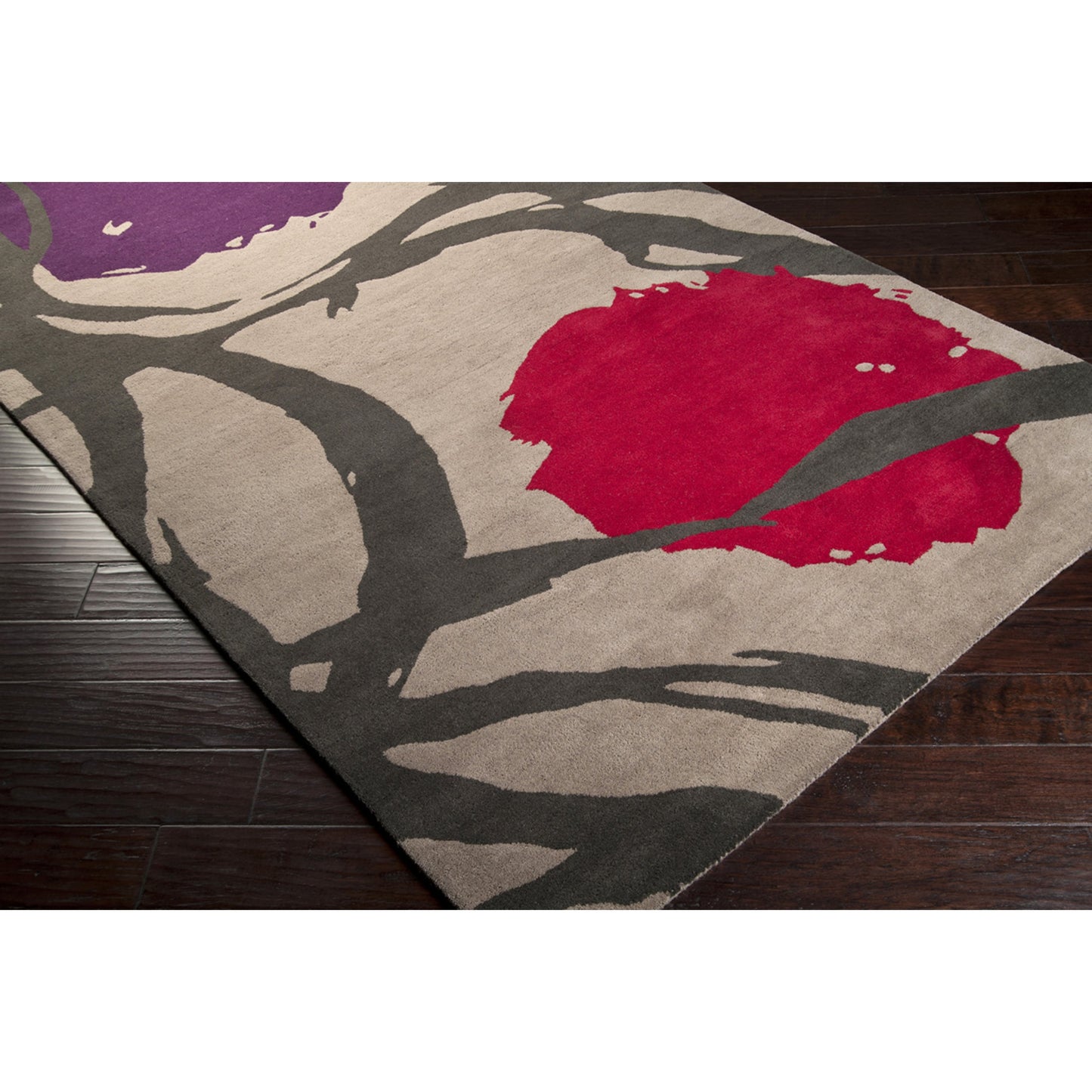 003 24213-12641 | Closeup | Harlequin Rug - 538 by Surya in gray, charcoal, burgandy, plum. Made from 100% new zealand wool in a unique style.