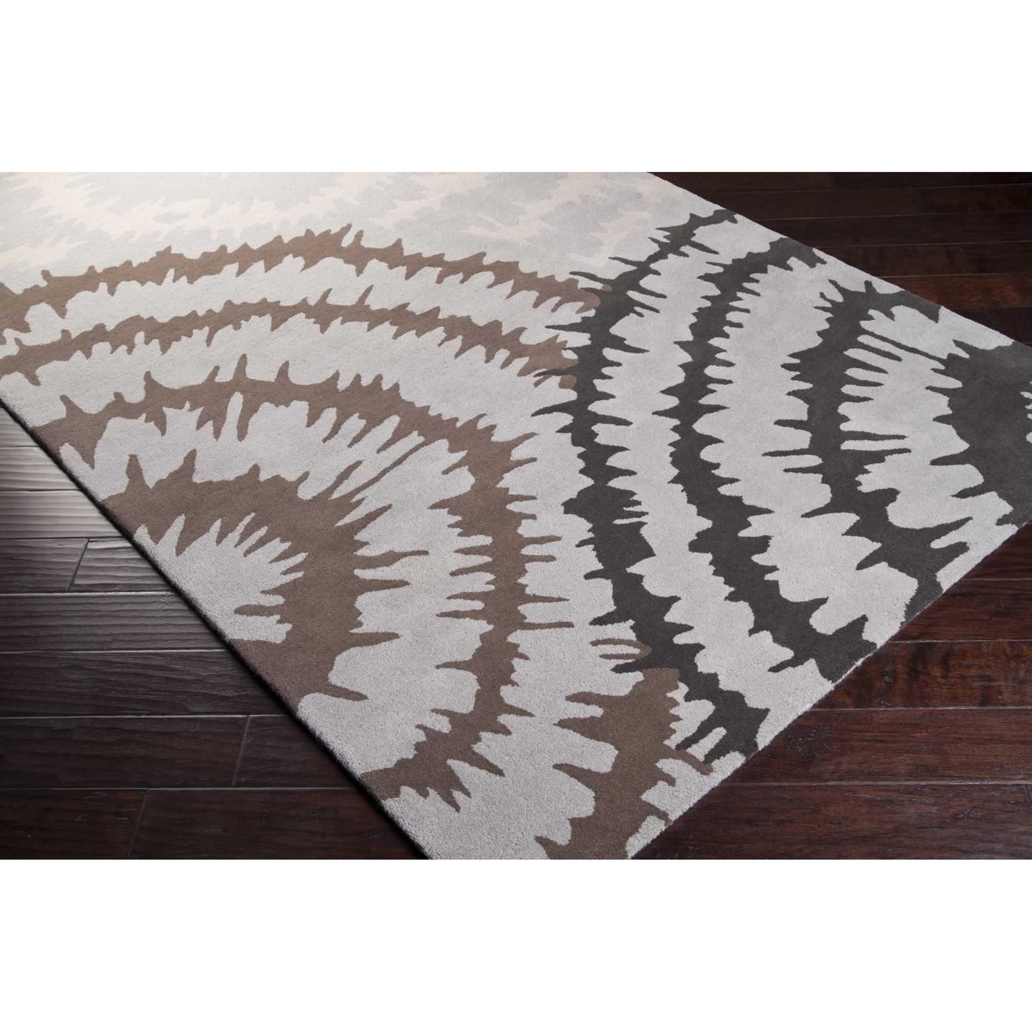 002 24217-12641 | Closeup | Harlequin Rug - 540 by Surya in light gray, charcoal, dark brown, light beige. Made from 100% new zealand wool in a unique style.