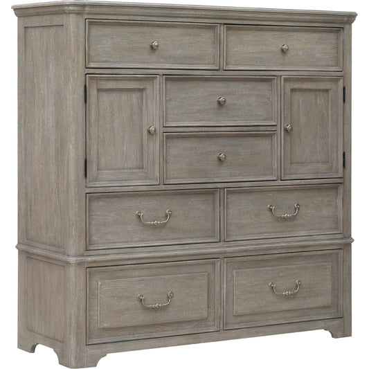 Abbotts Glen 8-Drawer Master Chest with Cabinets by Pulaski Furniture in windmill grey. Made from split heart cathedral oak in a transitional style.