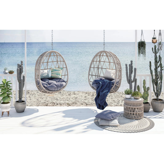 Dana Outdoor Rope Hanging Club Chair by Sunset West in whites/creams/beiges. Made from olefin rope in a coastal style.