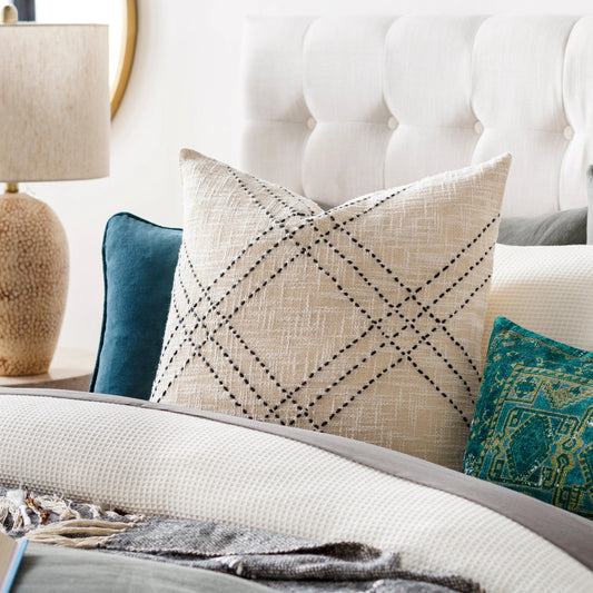 Sunnyvale Pillow - 26933 by Livabliss in black, light beige. Made from 100% cotton in a traditional style.