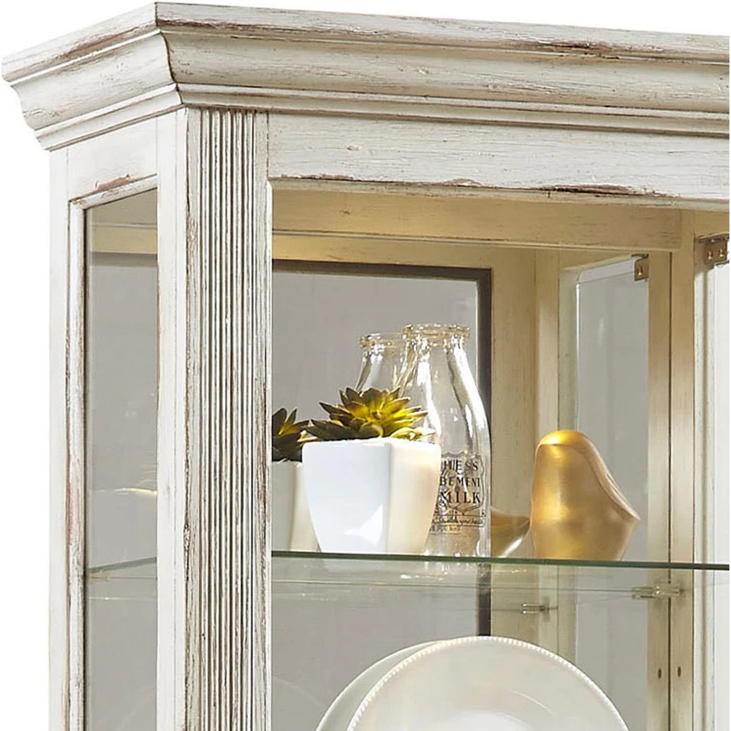 002 SI-2155643 | Closeup | Single Side Entry Curio by Pulaski Furniture in distressed, white paint. Made from select hardwoods, oak veneers in a modern style.