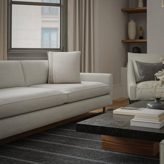 Oconto Pillow by HedgeApple Essentials in brown, black. Made from yarn dyed cotton woven in a transitional style.