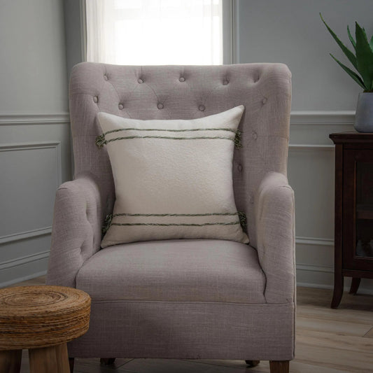 Hormigueros Pillow by HedgeApple Essentials in green, ivory. Made from cotton boucle in a transitional style.