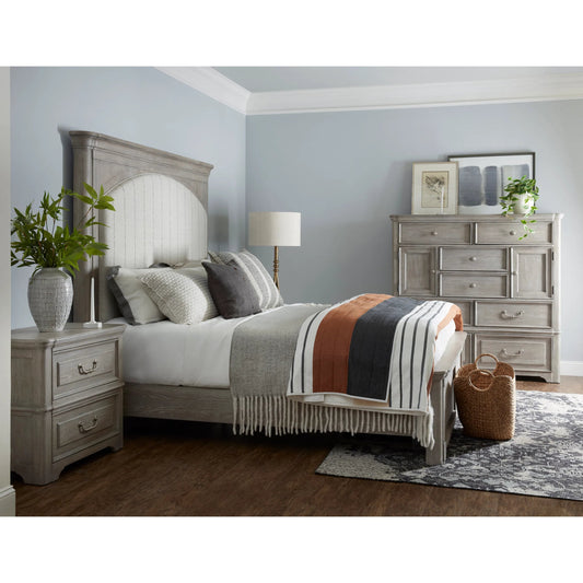 Abbotts Glen Upholstered Bed by Pulaski Furniture in windmill grey. Made from split heart cathedral oak in a transitional style.