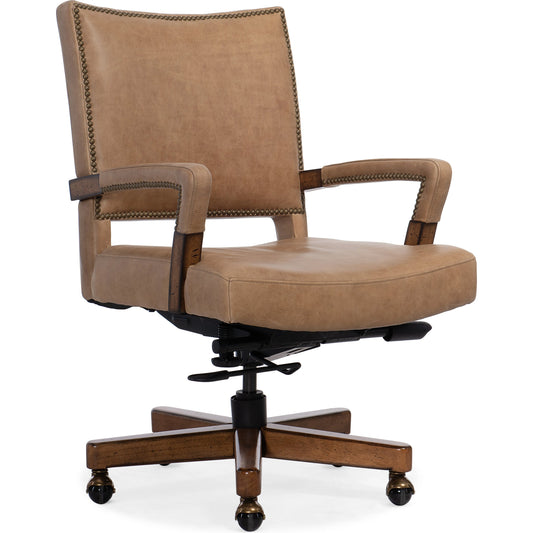 Chace Executive Swivel Tilt Chair by Hooker Furniture in vernerando latte and dark wood, brown. Made from leather, venerando latte (aniline top grain) in a modern style.