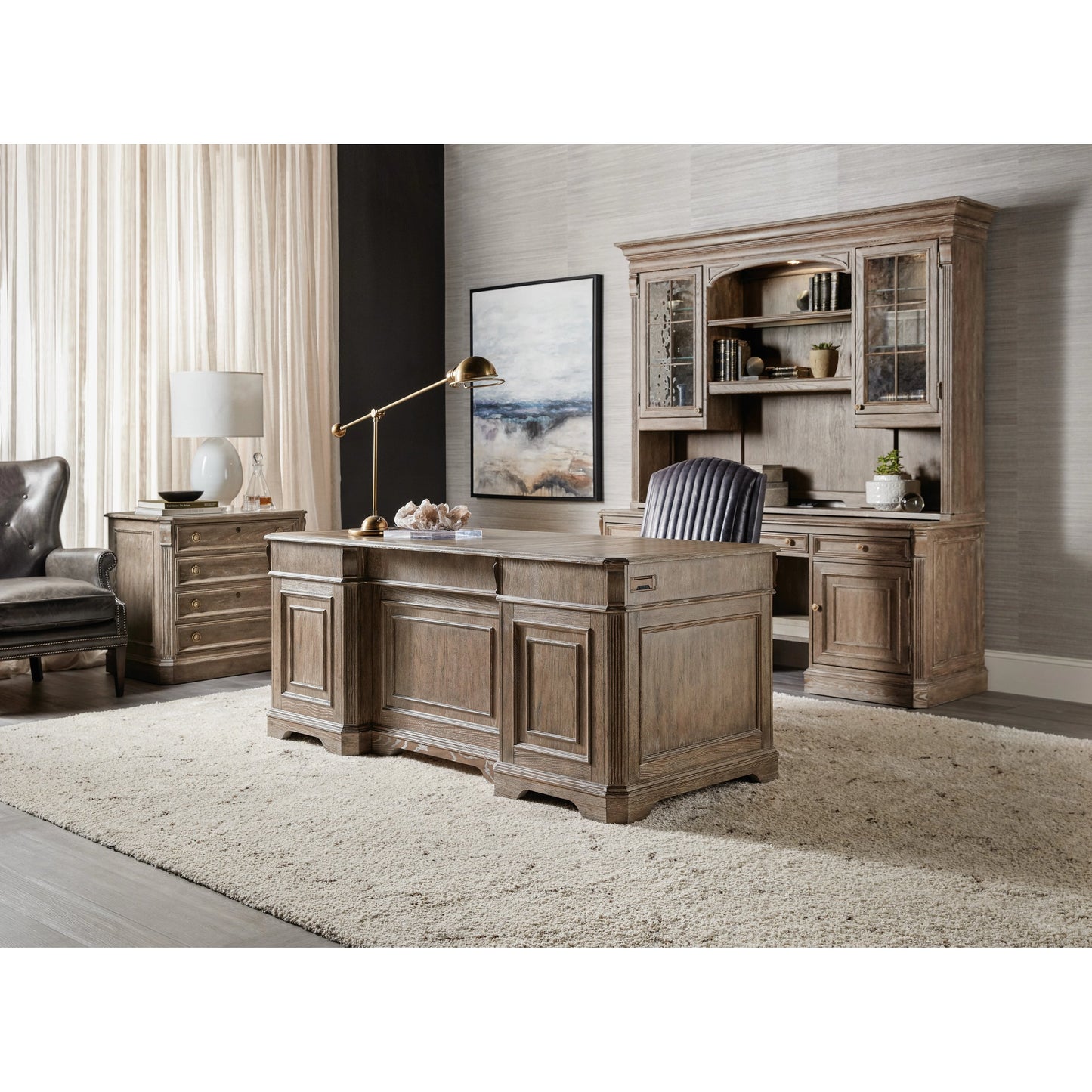 009 SI-1749874 | Lifestyle | Sutter Computer Credenza by Hooker Furniture in claro. Made from cathedral oak veneers in a traditional style.