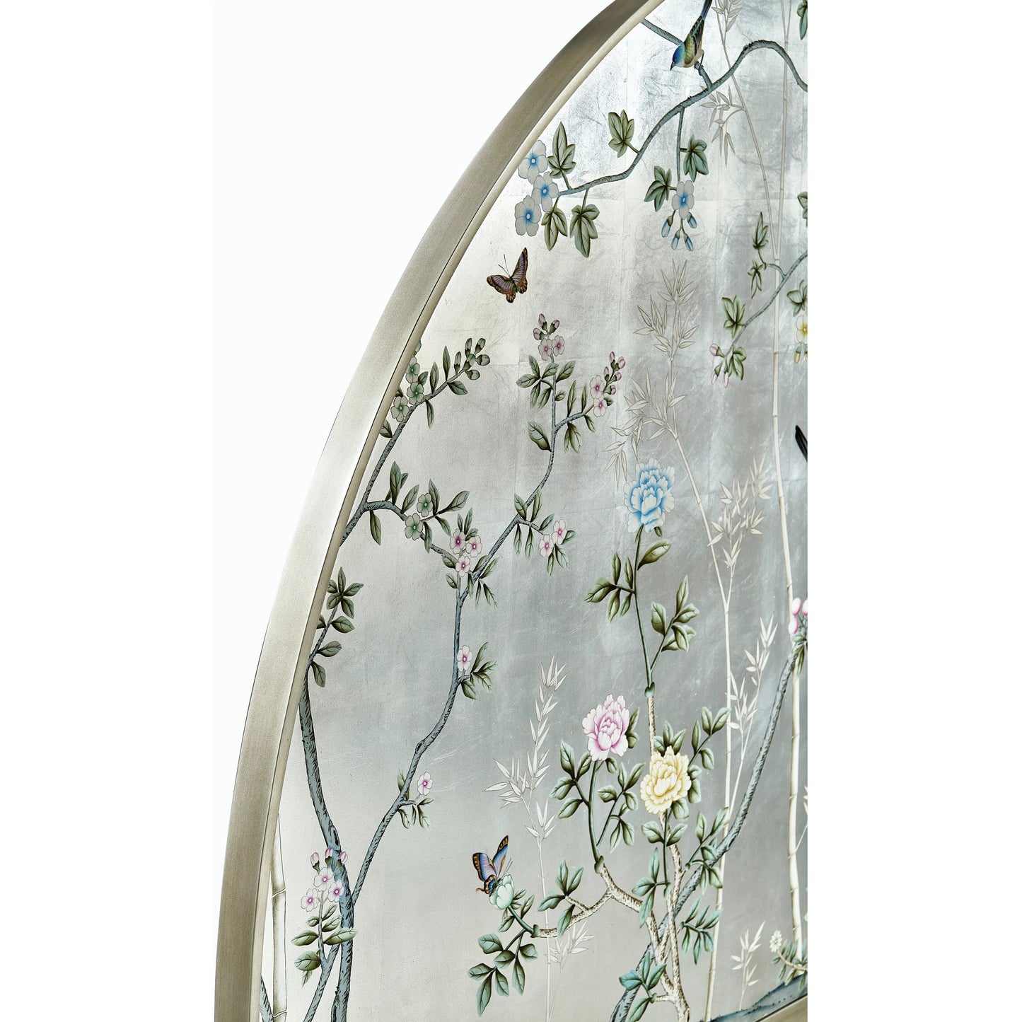 003 SI-2186332 | Closeup | Shimmering Moon Half Round King Panel Bed by Jonathan Charles in white and painted silverleaf. Made from beech wood in a modern style.