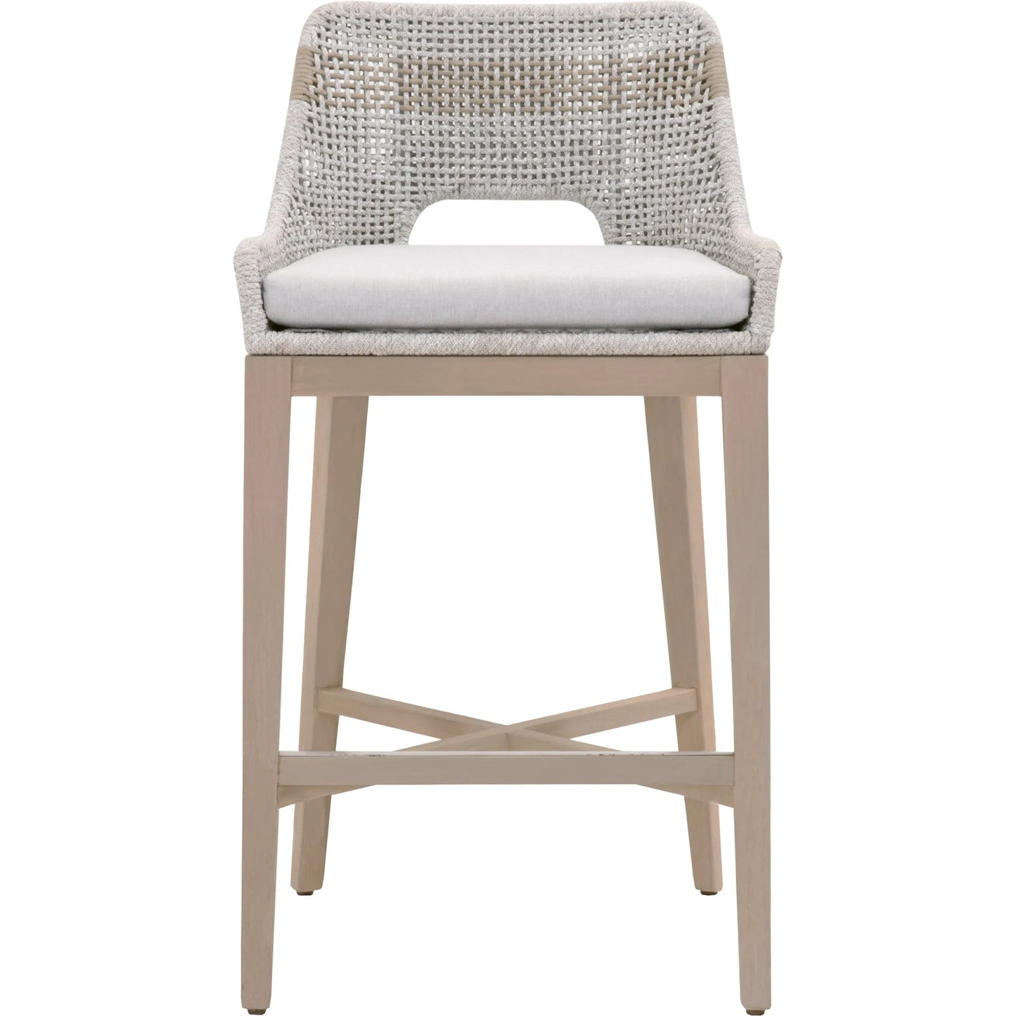 002 SI-2531743 | Additional Silo | Tapestry Barstool by Essentials For Living in taupe, white flat rope, taupe stripe, performance pumice, washed ever teak. Made from solid teak wood, powder coated steel in a transitional style.