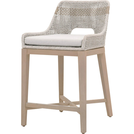 001 SI-2531745 | Primary Silo | Tapestry Counter Stool by Essentials For Living in taupe, white flat rope, taupe stripe, performance pumice, washed ever teak. Made from solid teak wood, powder coated steel in a transitional style.