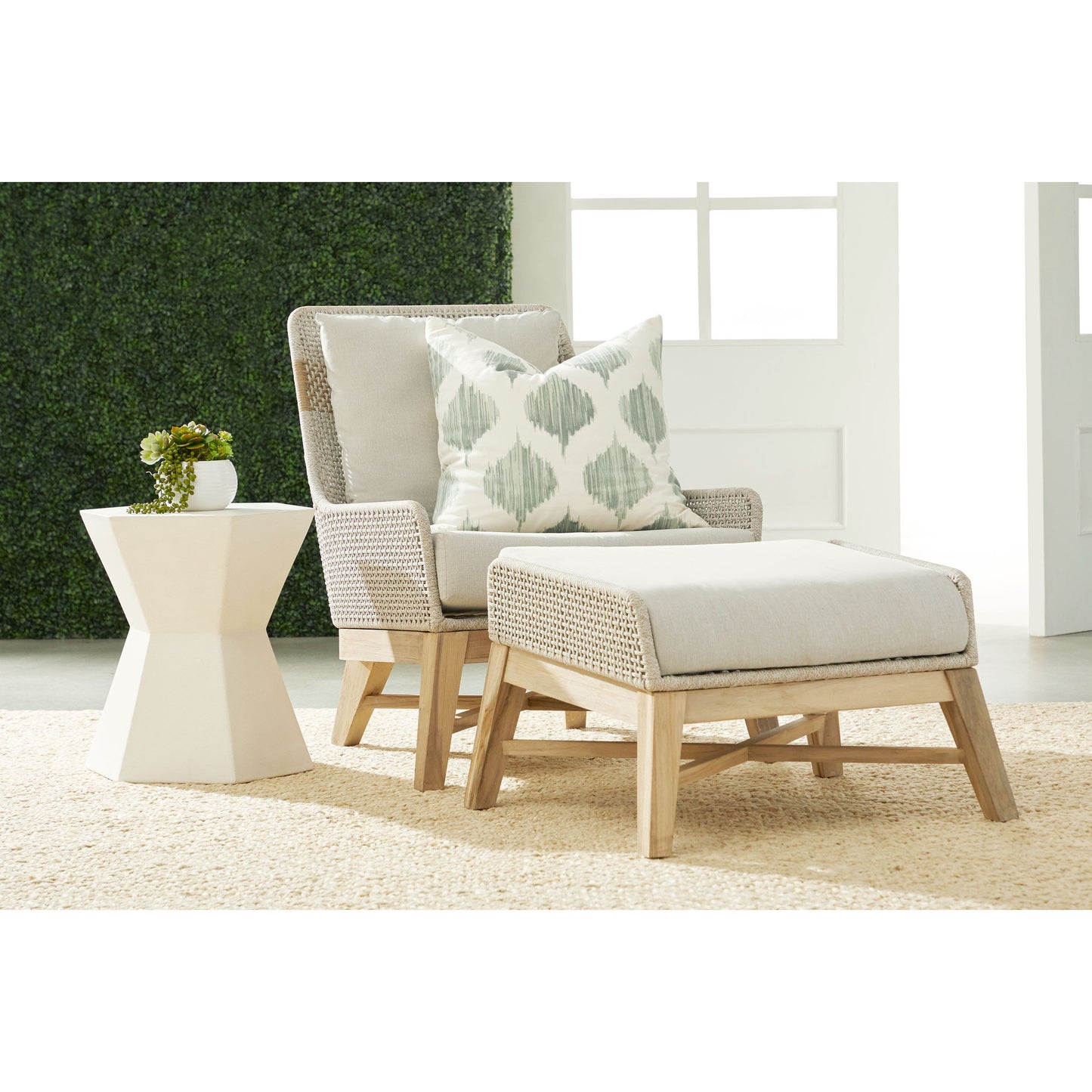 003 SR-837487 | Lifestyle | Tapestry Footstool by Essentials For Living in gray, taupe, white, pumice. Made from solid teak, steel pipe, rope, 100% olefin in a modern style.