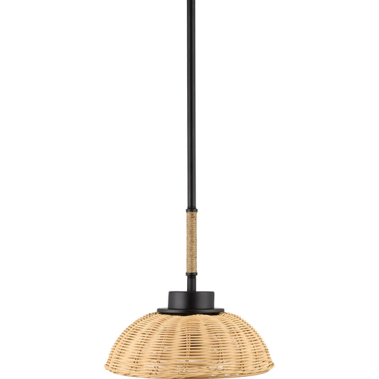 Tavira Pendant by Livabliss in fixture: black; shade (outside): brown; shade (inside): white; cord: white and powder coated. Made from rattan, glass in a rustic style.