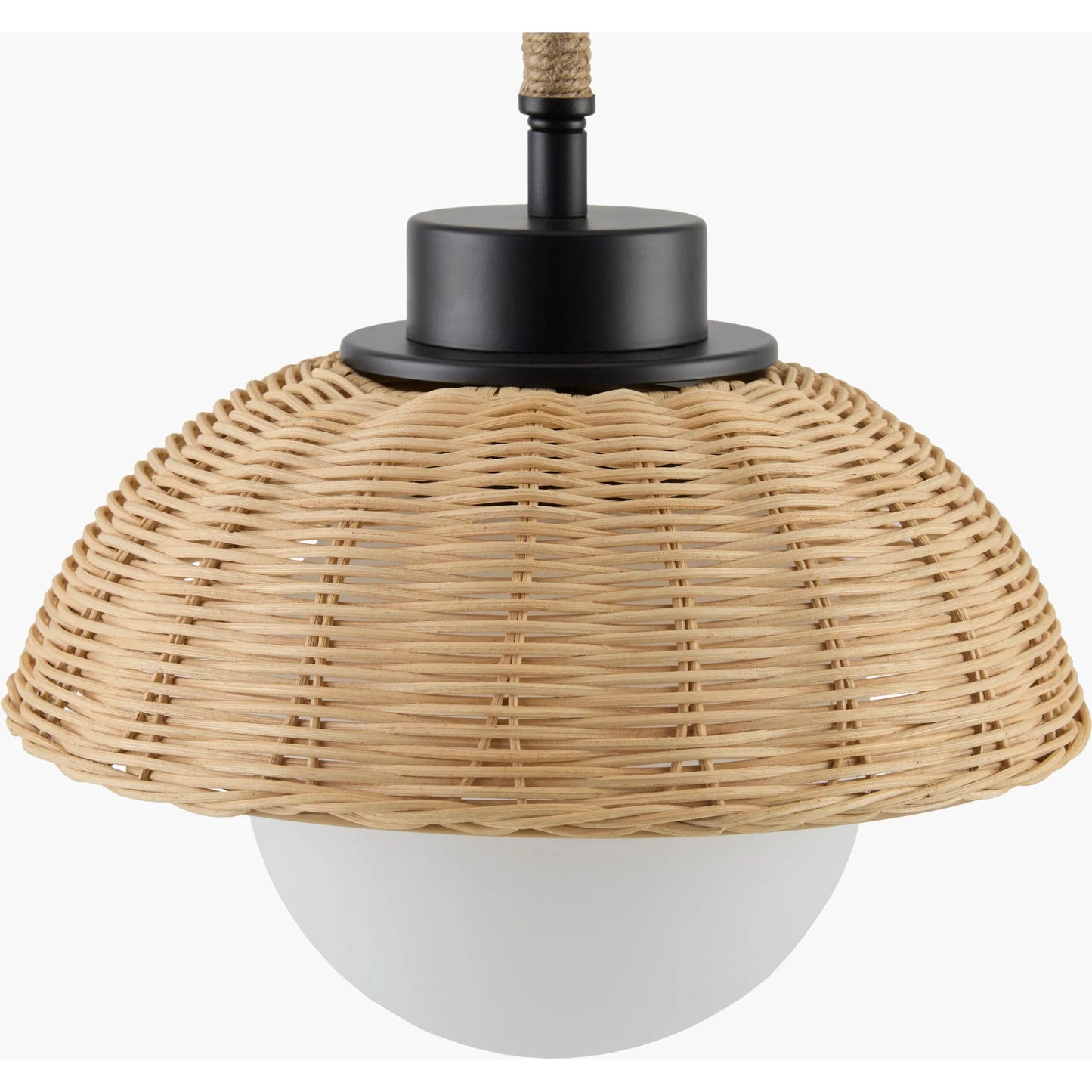 002 SI-2349489 | Closeup | Tavira Pendant by Livabliss in fixture: black; shade (outside): brown; shade (inside): white; cord: white and powder coated. Made from rattan, glass in a rustic style.