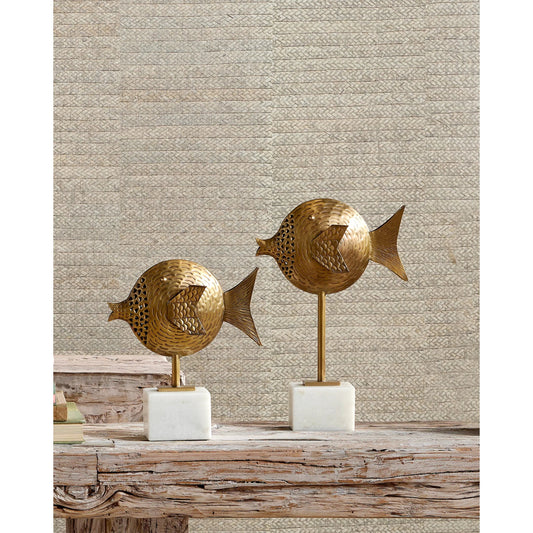 Cici Fish Set by Currey and Company in antique brass, white. Made from brass, marble in a coastal style.