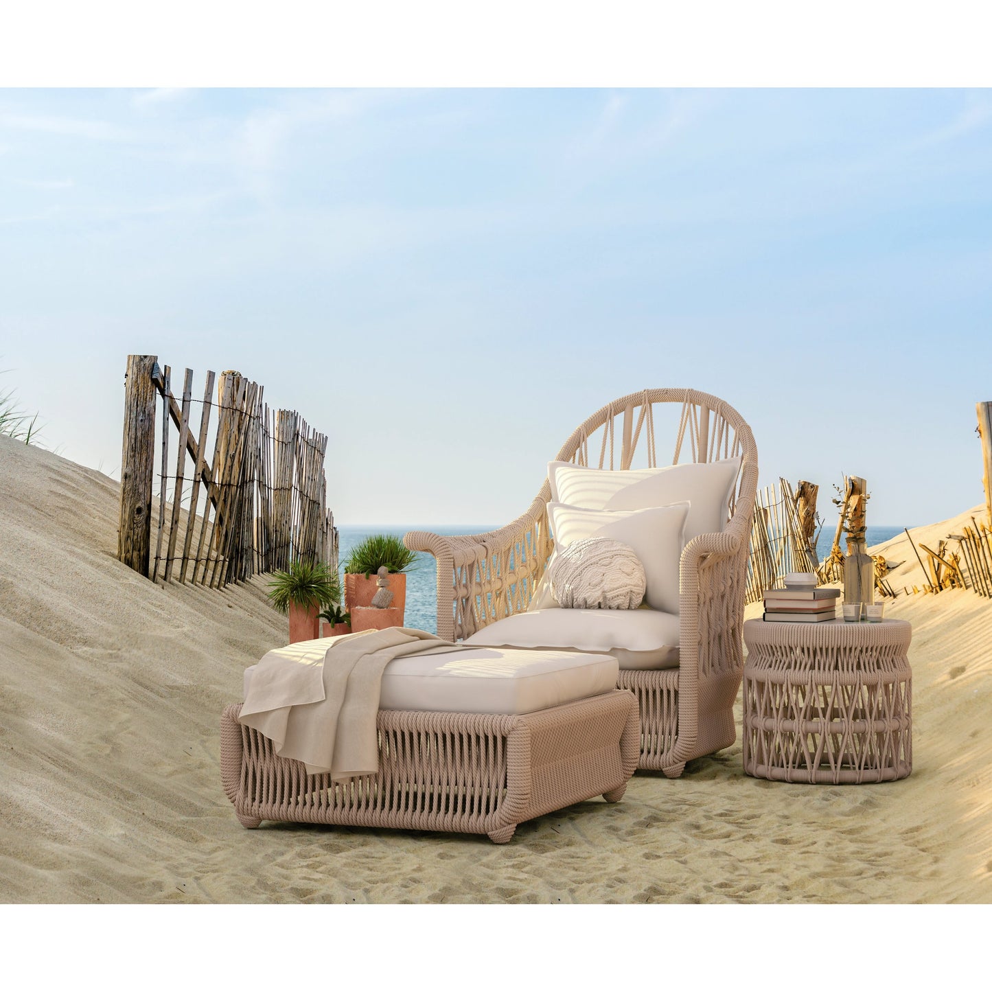003 SI-2167048 | Lifestyle | Dana Outdoor End Table with Marble Top by Sunset West in natural. Made from olefin rope in a coastal style.