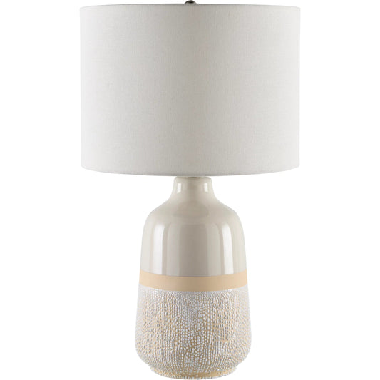 Togo Accent Table Lamp by Surya in body: white; finial: metallic - nickel; harp: metallic - nickel; cord: translucent and glazedpainted. Made from ceramic, linen, plastic, iron in a transitional style.