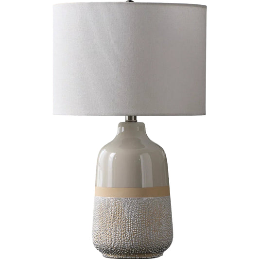 Togo Accent Table Lamp by Surya in body: white; finial: metallic - nickel; harp: metallic - nickel; cord: translucent and glazedpainted. Made from ceramic, linen, plastic, iron in a transitional style.