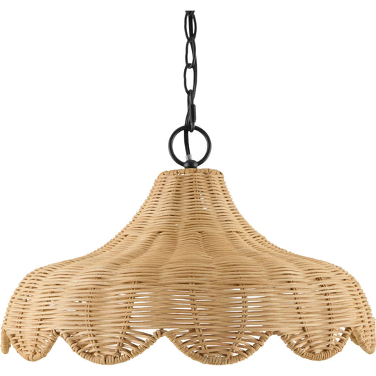 Trogir Pendant by Livabliss in fixture: black; shade (outside): brown; shade (inside): white; cord: black and powder coated. Made from rattan, glass in a rustic style.