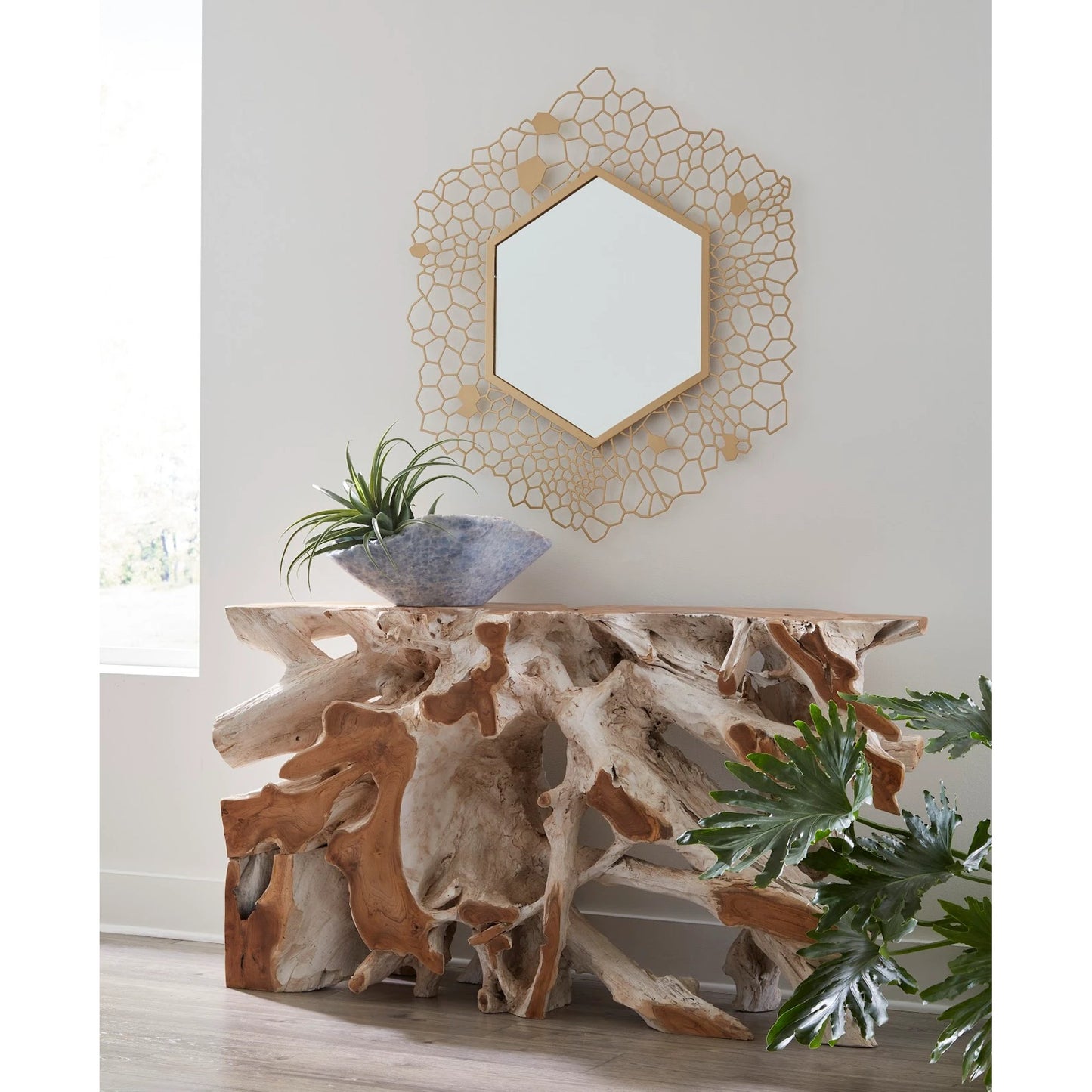 003 SI-1944881 | Lifestyle | Honeycomb Hexagon Mirror by Phillips Collection in gold and brass. Made from metal glass in a modern style.